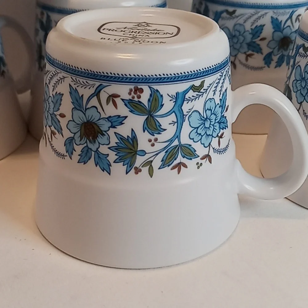 Vintage Noritake Blue Moon Pattern Porcelain Coffee Mugs / Tea Cups Set Of 8